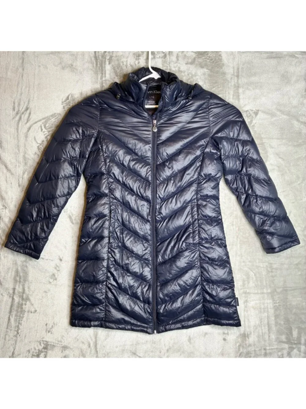 Calvin Klein Womens Packable Lightweight Down Puffer Coat With Hood Navy Large - Picture 2 of 10